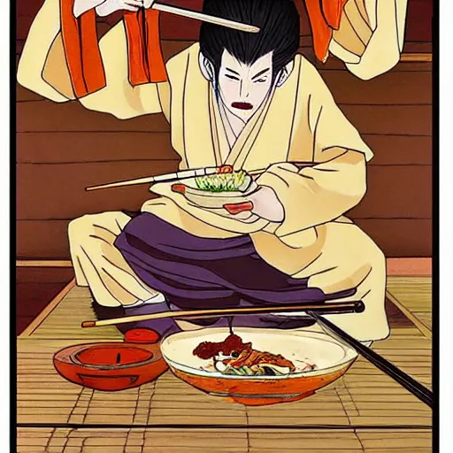 Prompt: robe rat samurai eating noodles, painting on a canvas, anime style, studio ghibli, contemplative, beautiful, surreal, detailed, dreamy