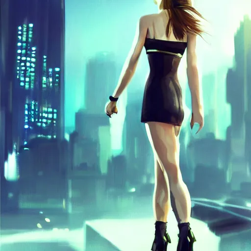 Prompt: Emma Watson full body shot, the background is a huge futuristic city, cyberpunk style futuristic neon lights, artstation cgsociety masterpiece highly-detailed