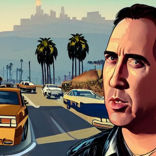 Image similar to Nicholas Cage in GTA V . Los Santos in the background, palm trees. In the art style of Stephen Bliss