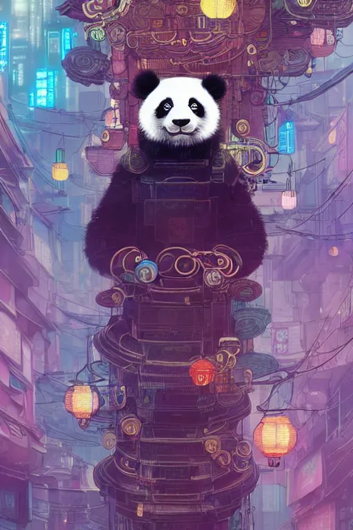 Image similar to a beautiful hyperdetailed character design of a cute panda with a chinese lion dance head victo ngai cyberpunk style of absolutely beautiful cyberpunk town, from china, style of studio ghibli, makoto shinkai, raphael lacoste, louis comfort tiffany, artgerm, james jean, ross tran, chinese style