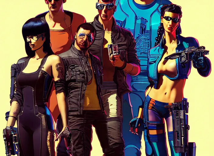 Image similar to cyberpunk heist crew. portrait by stonehouse and mœbius and will eisner and gil elvgren and pixar. character design. realistic proportions. cyberpunk 2 0 7 7 character art, blade runner 2 0 4 9 concept art. cel shading. attractive face. thick lines. the team. diverse characters. artstationhq.