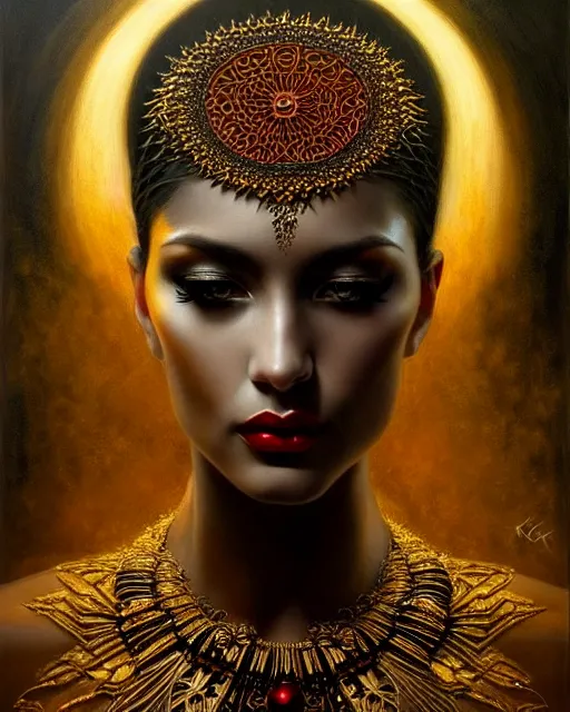 Image similar to portrait of a beautiful goddess, enigmatic beauty, dominant shades of black, gold silver, dark red, white, head in focus, fantasy art, ornamental aesthetics, intricate, elegant, highly detailed, hyperrealistic, artstation, concept art, soft illumination, painterly, sharp focus, by karol bak