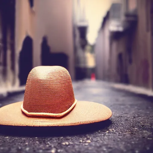 Image similar to 35mm lens photo of a floating hat in a back street, cinematic, depth of field, bokeh, atmospheric, 8k, trending on artstation