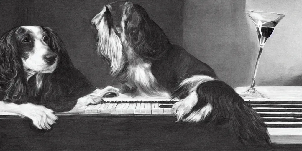 Prompt: sprocker Spaniel playing piano with a Martini on the side, book illustration, b&w