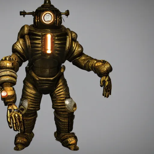 Image similar to 3 d render of a bioshock big daddy wearing the deadspace engineering suit, unreal engine 5, isaac clarke themed, high detail 3 d render,