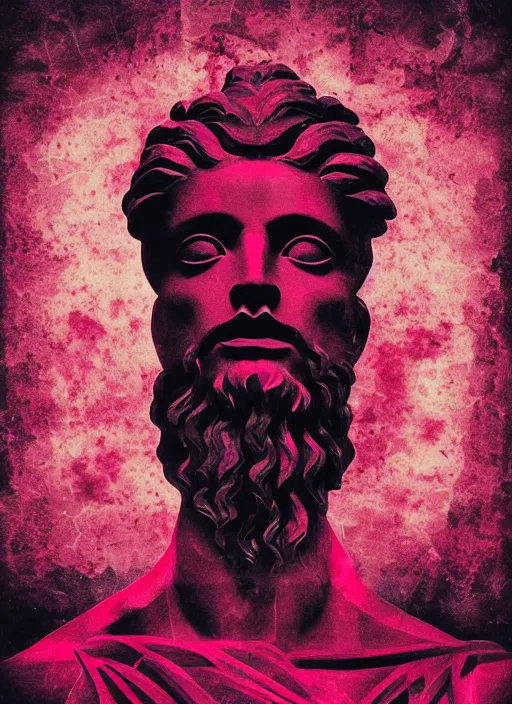 Image similar to black background with subtle red and purple design elements, mostly dark, statue of zeus, nekro, graphic design, collage art, thin lines, dark, glitch art, neo vaporwave, gritty, layout frame, square, trending on artstation