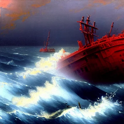 Image similar to bloody ocean, rusted iron ship sinking in red blood ocean, by Ivan Aivazovsky, junji ito, hd 8k