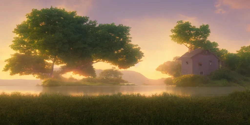 Prompt: a serene landscape with a singular building near a lake at sunrise, pixar style, ghibli studio anime style, 8 k hdr, octane render, unreal engine,