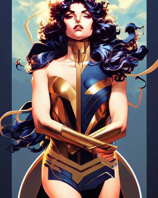 Image similar to artgerm, joshua middleton and sandra chevrier comic cover art, full body pretty female paladin, symmetrical eyes, long curly hair, beautiful, rim lighting, vivid colors