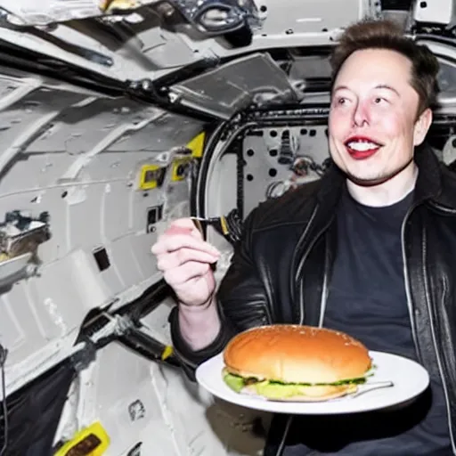 Prompt: elon musk eating burger in space, hd photo