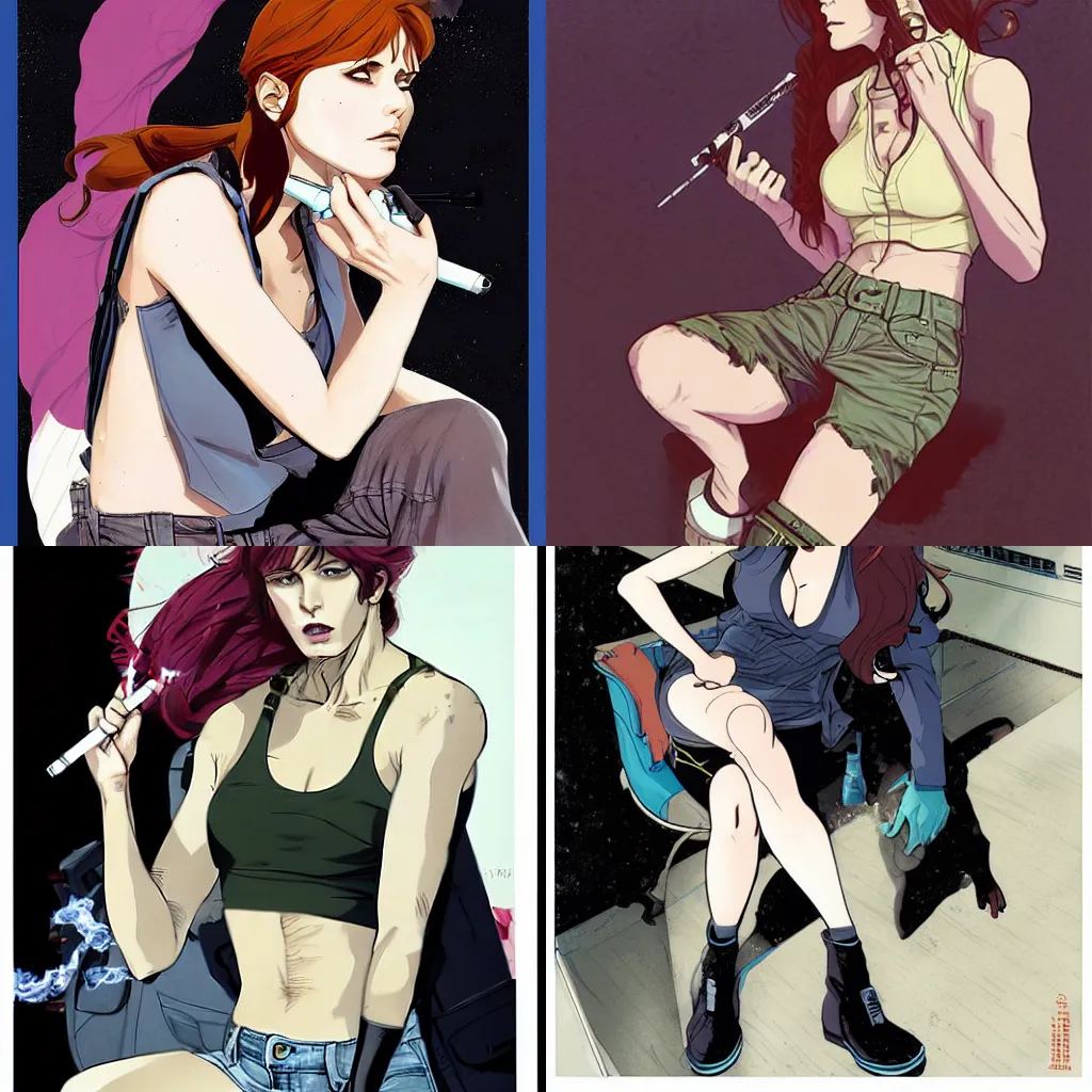 Prompt: in the style of Joshua Middleton comic art, Revy from Black Lagoon, smoking a cigarette, Jean shorts boots and white tank top