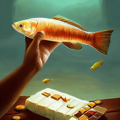 Image similar to a fish laying on top of a chocolate bar. soft, atmospheric, warm lighting. highly detailed digital painting by mandy jurgens.