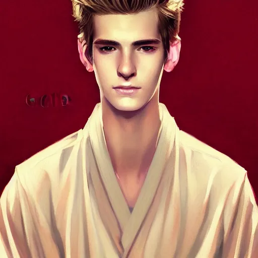 Image similar to colorful Captivating teenage boy with brown blond short quiff hair and facial structure like andrew garfield, brown eyes with red eye markers, slim body, wearing a detailed Japanese kimono with golden details, atmospheric lighting, painted, intricate, 4k, highly detailed by Charlie Bowater