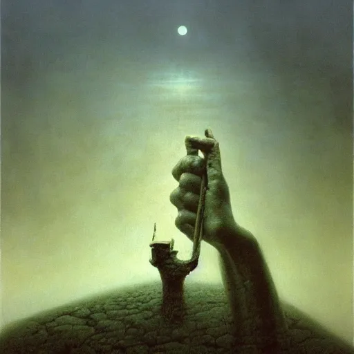 Prompt: arm reaching out of thick fog, blocks of granite in the sky, zdzislaw beksinski