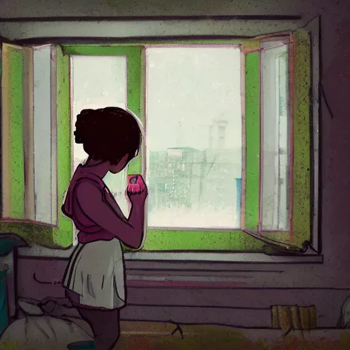 Prompt: girl looking out a window in a room full of garbage, lofi, detailed,