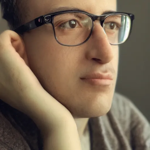 Image similar to highly detailed close up portrait photo of the kind of nerd who spends all day typing image prompts into a discord bot, photo by annie leibovitz