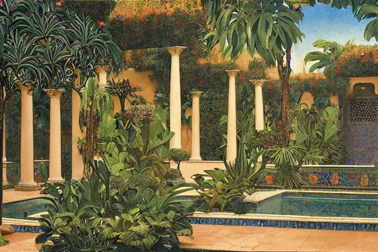 Image similar to painting of a beautiful moorish palace courtyard garden, by maxfield parrish and evelyn de morgan and waterhouse and dante rossetti, patterned tilework, palm trees, tiled fountains, extremely detailed, cinematic lighting, smooth sharp focus