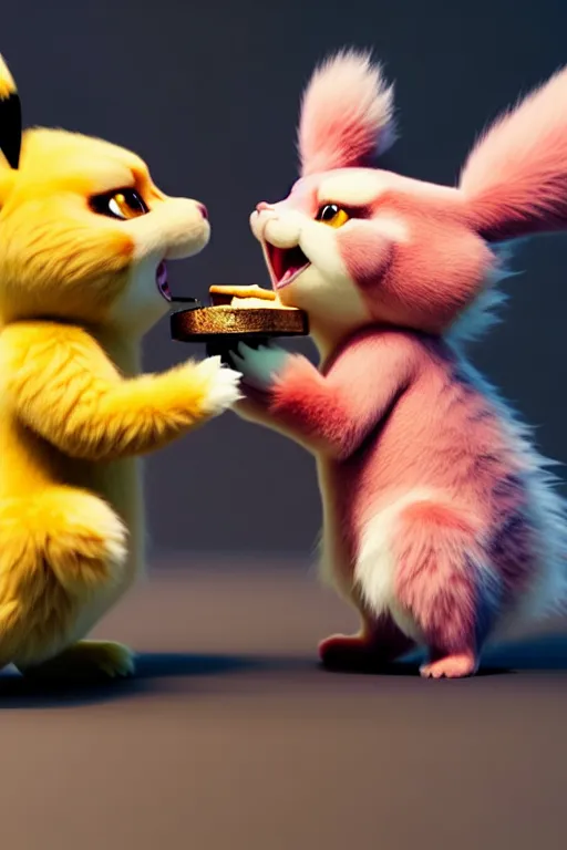 Image similar to high quality 3 d render hyperrealist fluffy very cute pastel grumpy dragon & red panda hybrid eating cheese, vray smooth, in the style of detective pikachu, very dramatic light, low angle, uhd 8 k, shallow depth or field