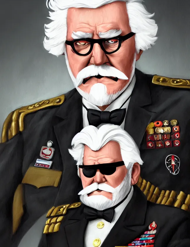 Image similar to a portrait of colonel sanders wearing a military uniform and a black eyepatch over his left eye, by moebius and tyler edlin and hr giger, trending on artstation, digital art, 4 k resolution, detailed, high quality, sharp focus, hq artwork, coherent, insane detail, concept art