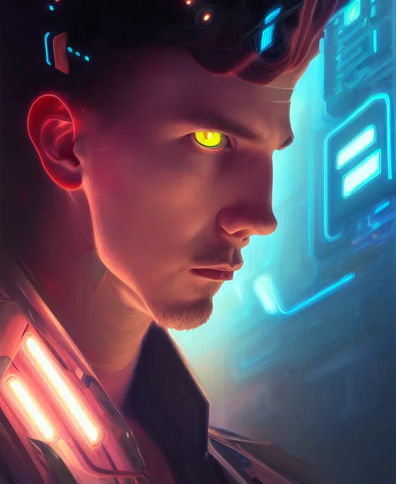 Image similar to a whirlwind inside the metaverse, guy, male, man, hologram, half body, neurochip, android, cyborg, cyberpunk face, by loish, d & d, fantasy, intricate, elegant, highly detailed, colorful, digital painting, artstation, concept art, art by artgerm and greg rutkowski and alphonse mucha