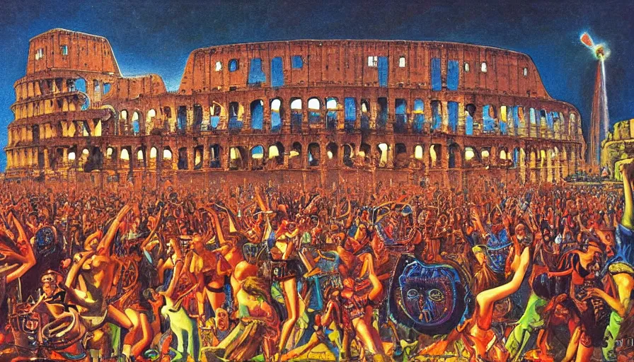 Prompt: rave party at the Colosseum by Kelly Freas
