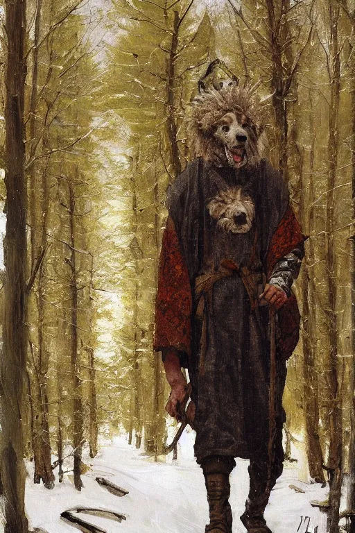 Prompt: Slavic dog head man, woolen torso in medieval clothes, walking in the forest, Orthodox Saint Christopher, oil painting, magic lights, painting by Viktor Vasnetsov, concept art, painting by Valentin Serov, hyperborea, beautiful, high resolution, trending on artstation,