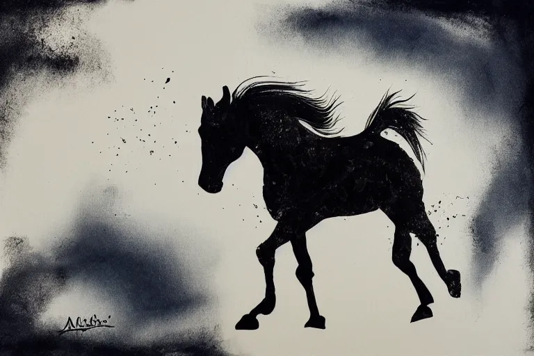 Image similar to bautiful serene horse, healing through motion, minimalistic ink aribrush painting on white background