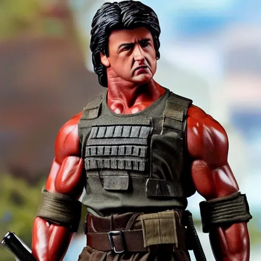 Prompt: Whole body and head are in the picture. 12 inch full body lifelike action figure of Stallone as Rambo. Big muscles. Holding a fully automatic rifle