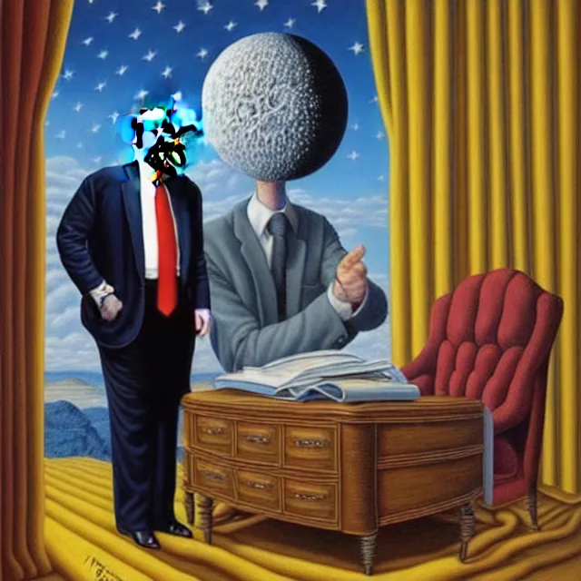 Image similar to an oil on canvas portrait of trump in the whitehouse, surrealism, surrealist, cosmic horror, rob gonsalves, high detail