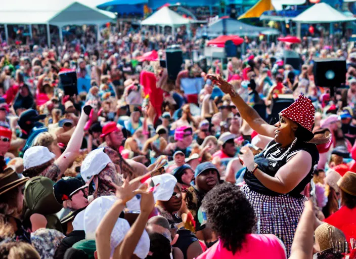 Image similar to photo still of aunt jemima in period attire at vans warped tour!!!!!!!! at age 4 0 years old 4 0 years of age!!!!!!! on stage diving into the crowd, 8 k, 8 5 mm f 1. 8, studio lighting, rim light, right side key light