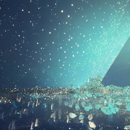 Image similar to falling lights in crystal clusters buoying you into the future the intricate beauty of the rock music fades in the heavens are here, 8 k, octane render