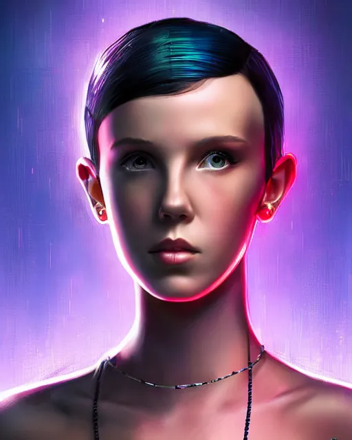 Image similar to cyberpunk millie bobby brown as a robot by rossdraws