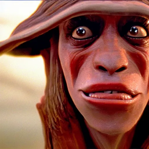 Image similar to film still of jar jar binks as a female cowgirl, long eyeslashes, big juicy lips, big seductive eyes