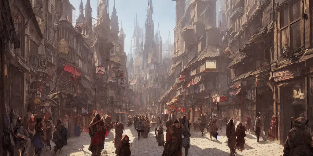 Image similar to photo of a medieval busy market street. architecture. trending on artstation. cgsociety. art by greg rutkowski and moebius.