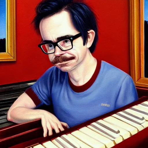 Image similar to An Oil Painting of Rivers Cuomo in a sweater with long hair and a mustache playing his piano in an apartment as a nuke drops onto the city outside his window next to him, hyperrealistic, extremely realistic, highly realistic, HD Quality, 4k resolution, 8k resolution, Detailed, Very Detailed, Highly Detailed, Extremely Detailed, Intricate Details, Real, Very Real, Oil Painting, Digital Painting, Painting, Trending on Deviantart, Trending on Artstation