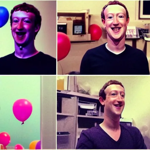 Prompt: mark zuckerberg is inside a computer monitor, handsome bearded man has a birthday cake, happy birthday, confetti, cake, balloons