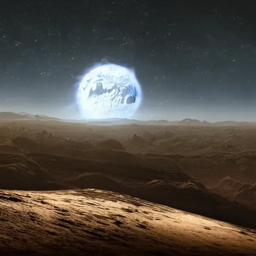 Prompt: sci-fi landscape realistic moonscape with city in distance, craters and harsh sunlight HD widescreen