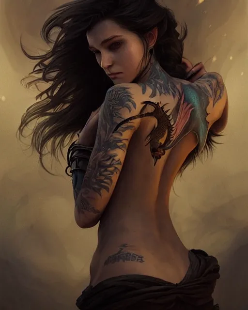 Image similar to A girl with a dragon tattoo on her back, the tattoo is glowing and coming alive , deep focus, D&D, fantasy, intricate, elegant, highly detailed, digital painting, artstation, concept art, matte, sharp focus, illustration, hearthstone, art by Artgerm and Greg Rutkowski and Alphonse Mucha