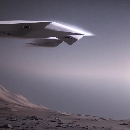 Prompt: two sleek white long spacecraft, over the surface of mars dramatic lighting, highly detailed, photorealistic, cinematic, sci-fi, octane render