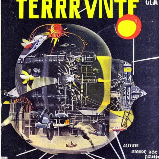 Image similar to 1950 magazine cut out collage of cyber punk machinery failing at terraforming Venus, Jules Verne