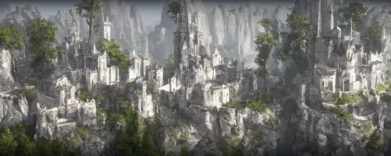 Prompt: white monastery with large tower upon sheer lime cliffs, a ray of sun illuminating, unreal engine 5, high fantasy, extremely detailed