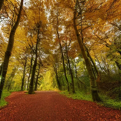 Image similar to autumnal british woodland scene, 3d, cgi, vector graphics, undulating terrain, blue sky visible through the canopy, leaves on the ground, autumnal colours