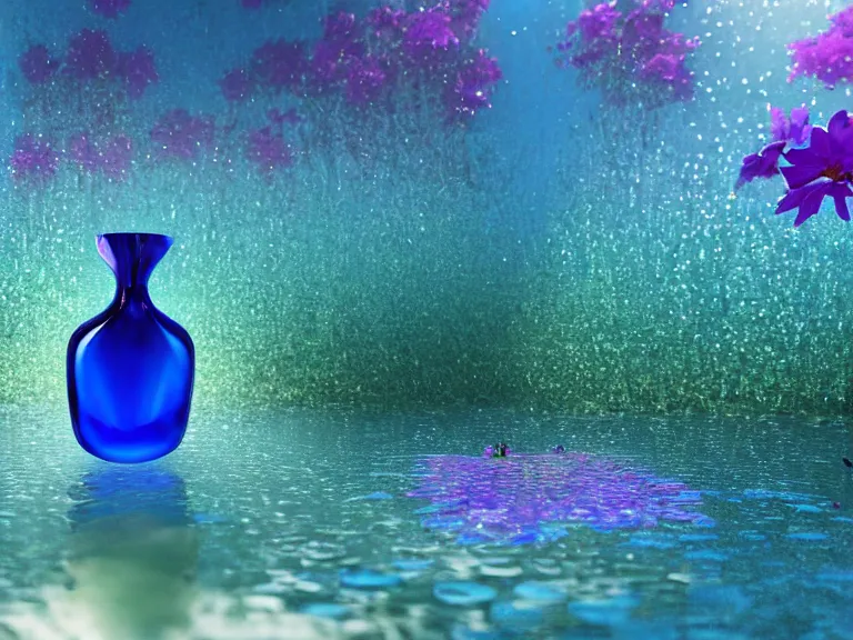 Image similar to perfume bottle standing in a glittering oasis in deep blue pond water surrounded blue flowers by zaha hadid ; octane highly render, 4 k, ultra hd, 2 0 0 mm, mute dramatic colours, soft blur outdoor stormy sea background, volumetric lighting