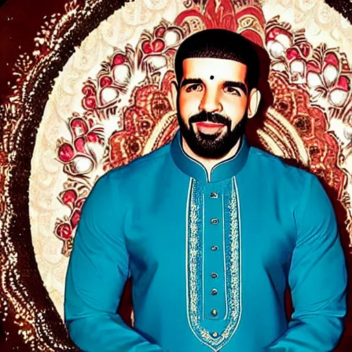 Prompt: photograph of drake the rapper, wearing a kurta, standing in a hindu kovil, drake the rapper's face