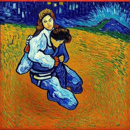 Image similar to “ two woman jujitsu, vincent can gogh ”