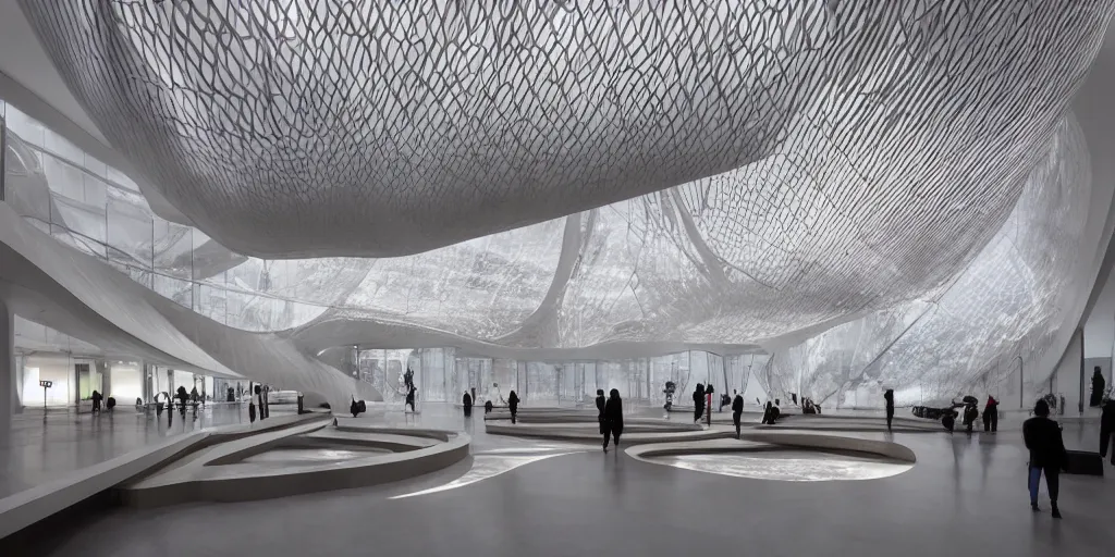 Image similar to extremely detailed ornate stunning sophisticated beautiful elegant futuristic museum lobby interior by Zaha Hadid, stunning volumetric light, light beam, sunset