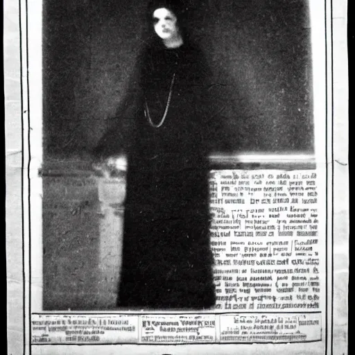 Prompt: black and white grainy newspaper photo from 1898 of an old spooky lady in black suit, horror, high detail