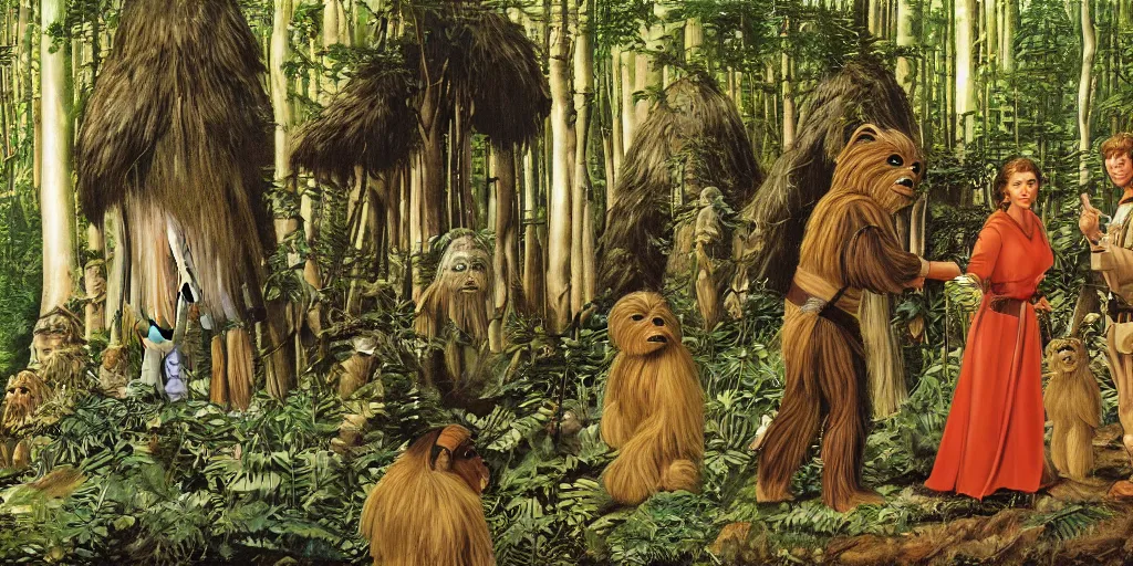 Image similar to luke skywalker, princess leia and han solo meet the ewoks in the forest of endor, in return of the jedi, a masterful painting by sandro botticelli, 4 k