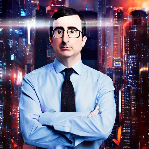 Image similar to John Oliver is a cyborg, cyberpunk, Full shot, Studio lighting, 4k, award winning on DeviantArt