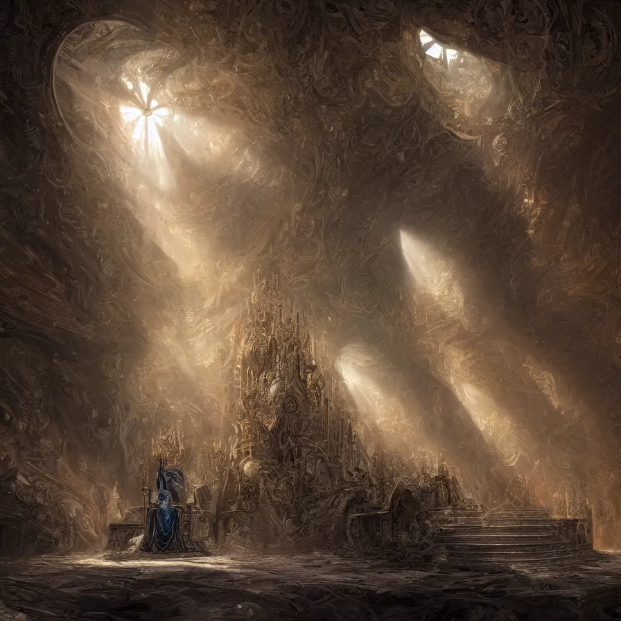 Prompt: digital painting of daniel dociu representing a throne room where a sun ray illuminate the throne, fantasy, elegant, highly detailed, matte, illustration